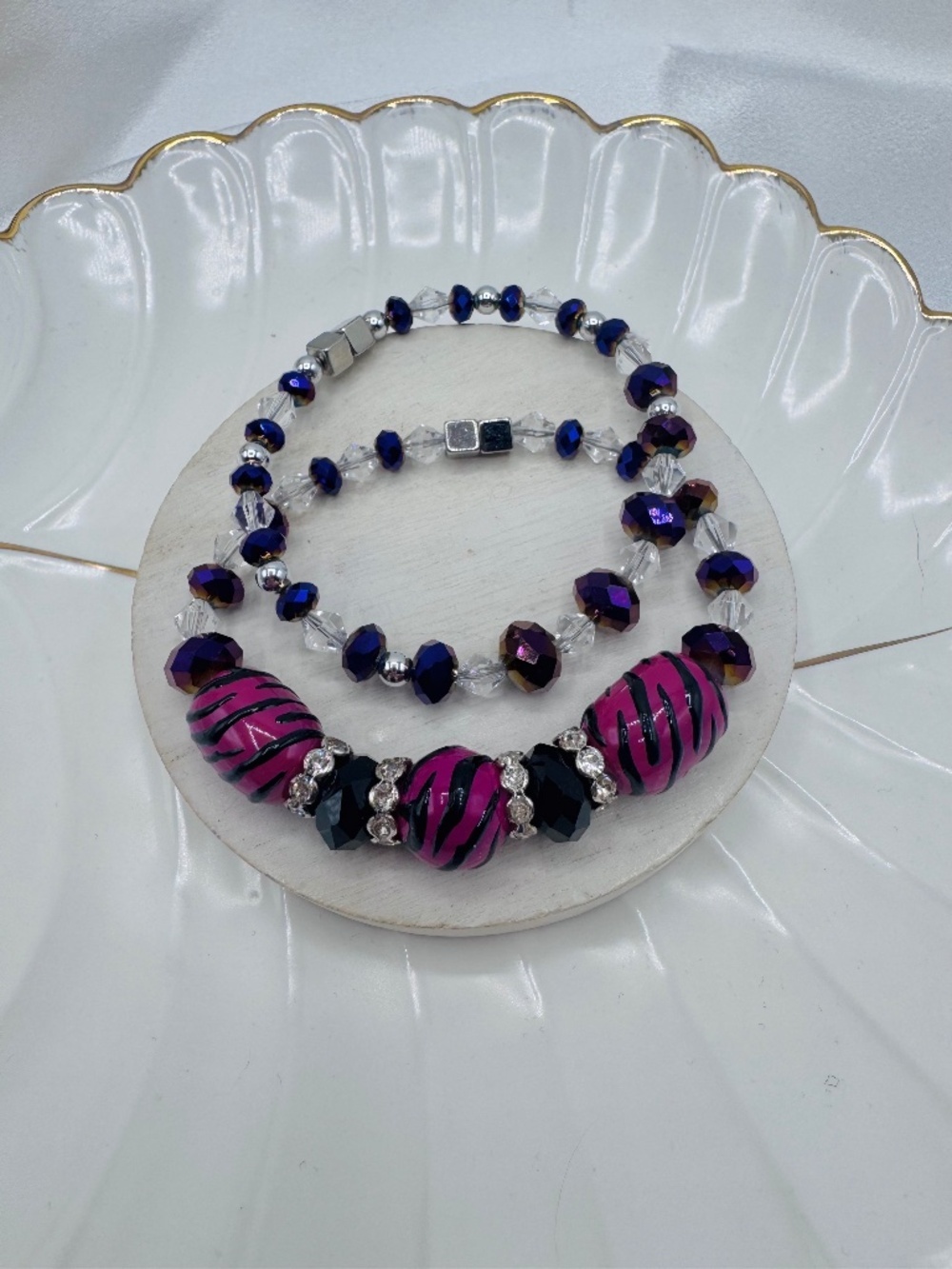 Pink Purple Zebra Print Beaded Bracelet Set Glam Sparkly Jewelry